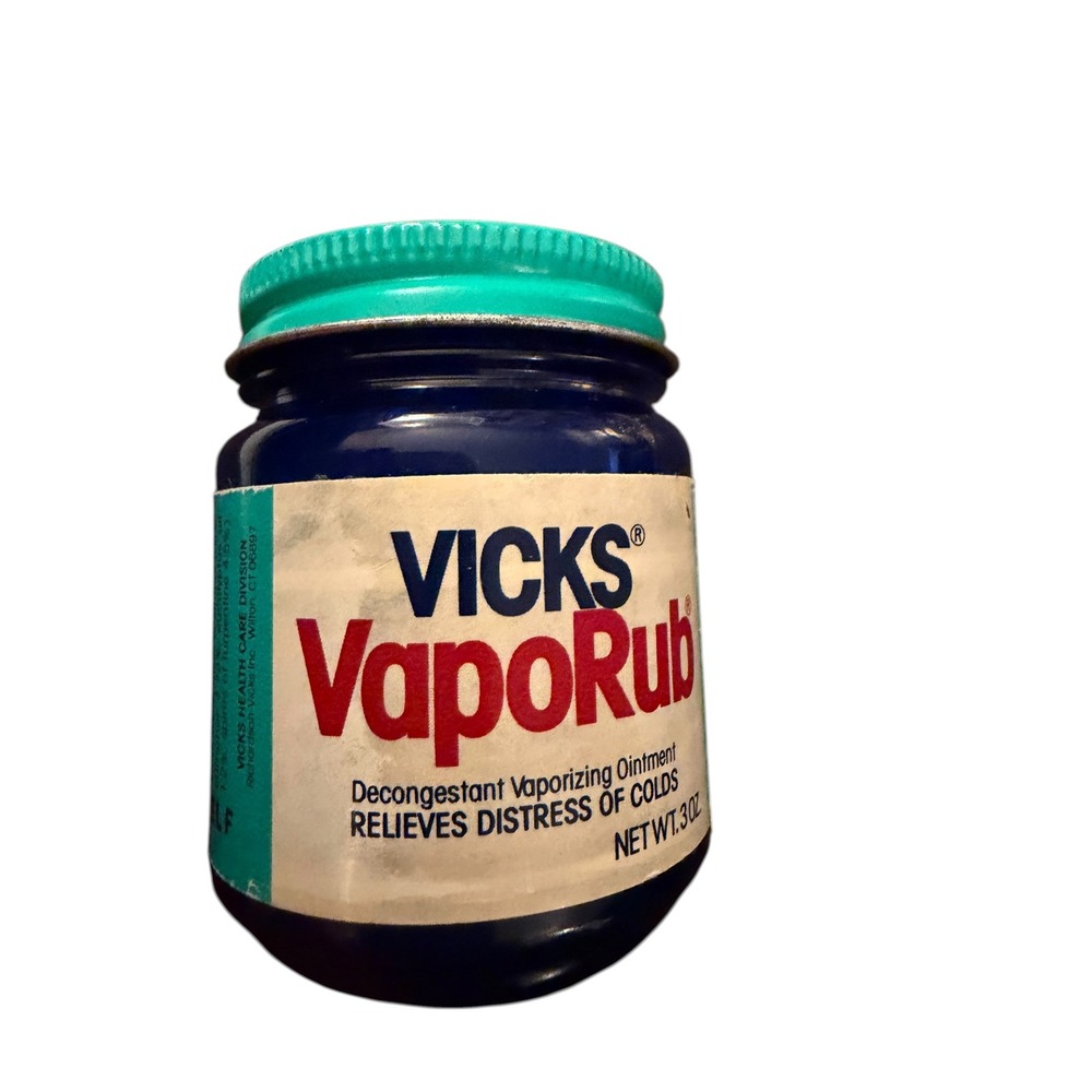 Vintage Vicks VapoRub Cobalt Blue Glass Jar 3oz Teal Metal Lid Collectible Prop